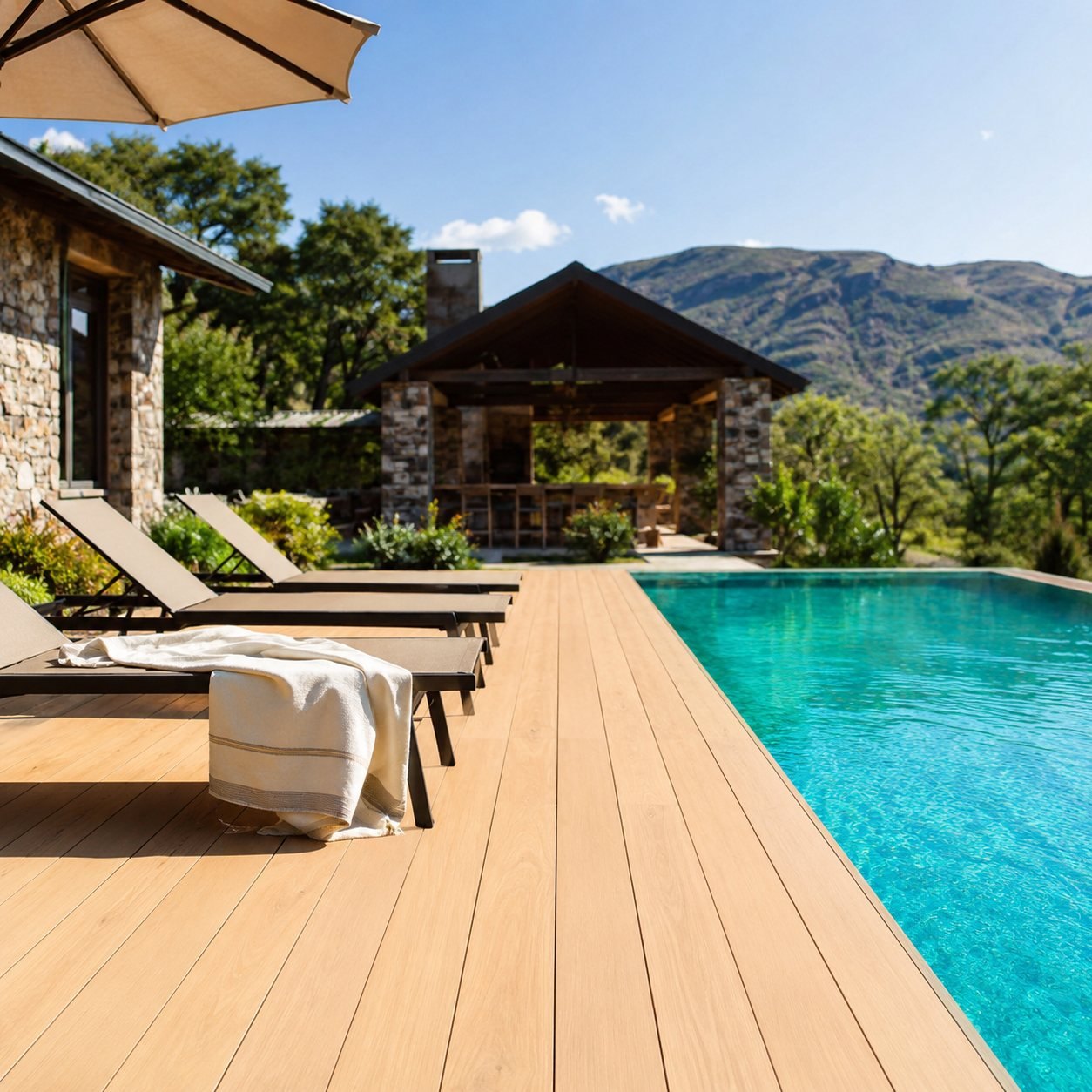 Deck WPC junto a una pileta con vista a las sierras de Tandil